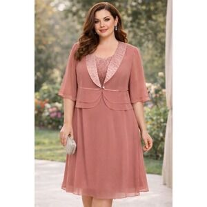 Dana Kay Womens Suit Dress 14W Pink Chiffon Dress Bolero Jacket Wedding Mother